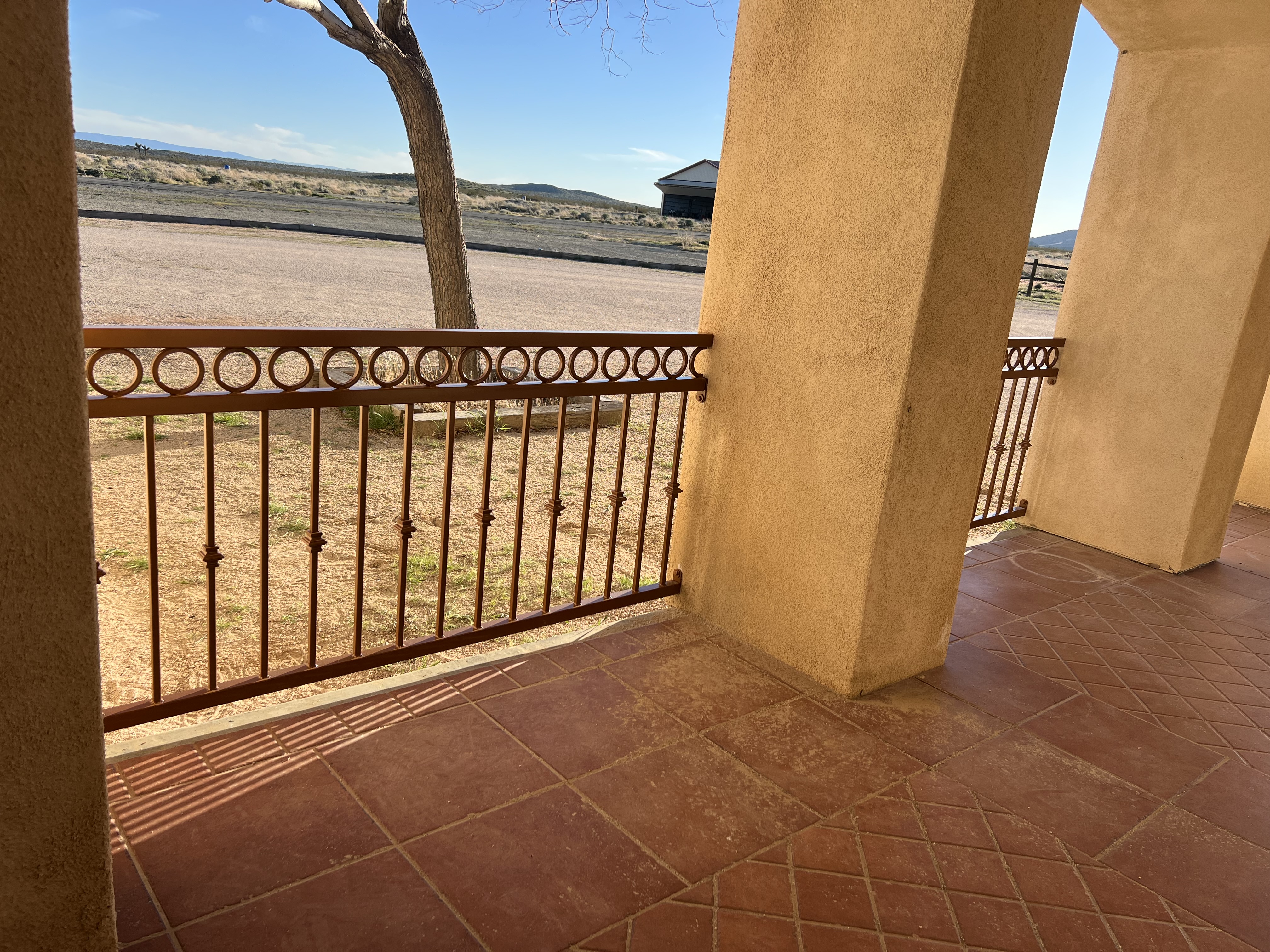Ornamental iron patio railing — close view through columns
